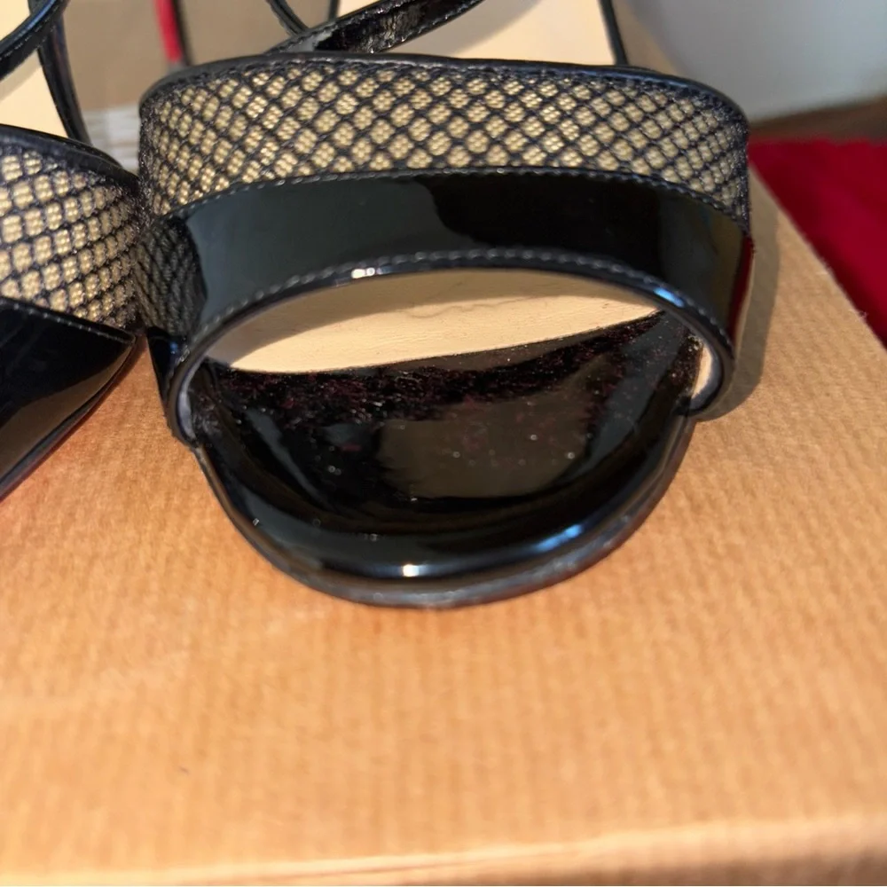 Christian Louboutin Black Patent & Mesh Slingback Heels with Red Soles